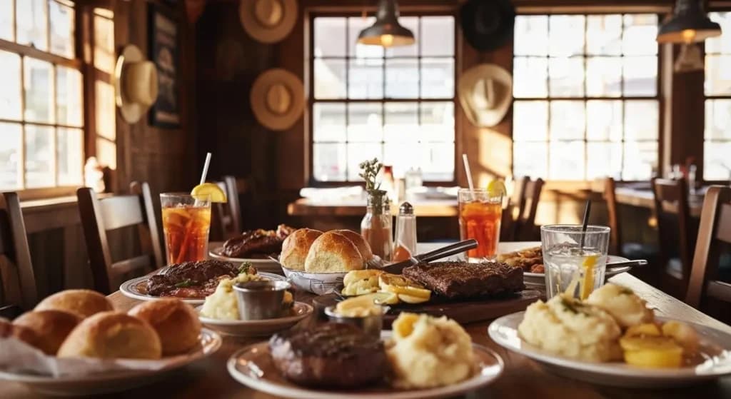 Complete Texas Roadhouse lunch spread with steaks, salads, appetizers, drinks and LUNCH MENU wooden board