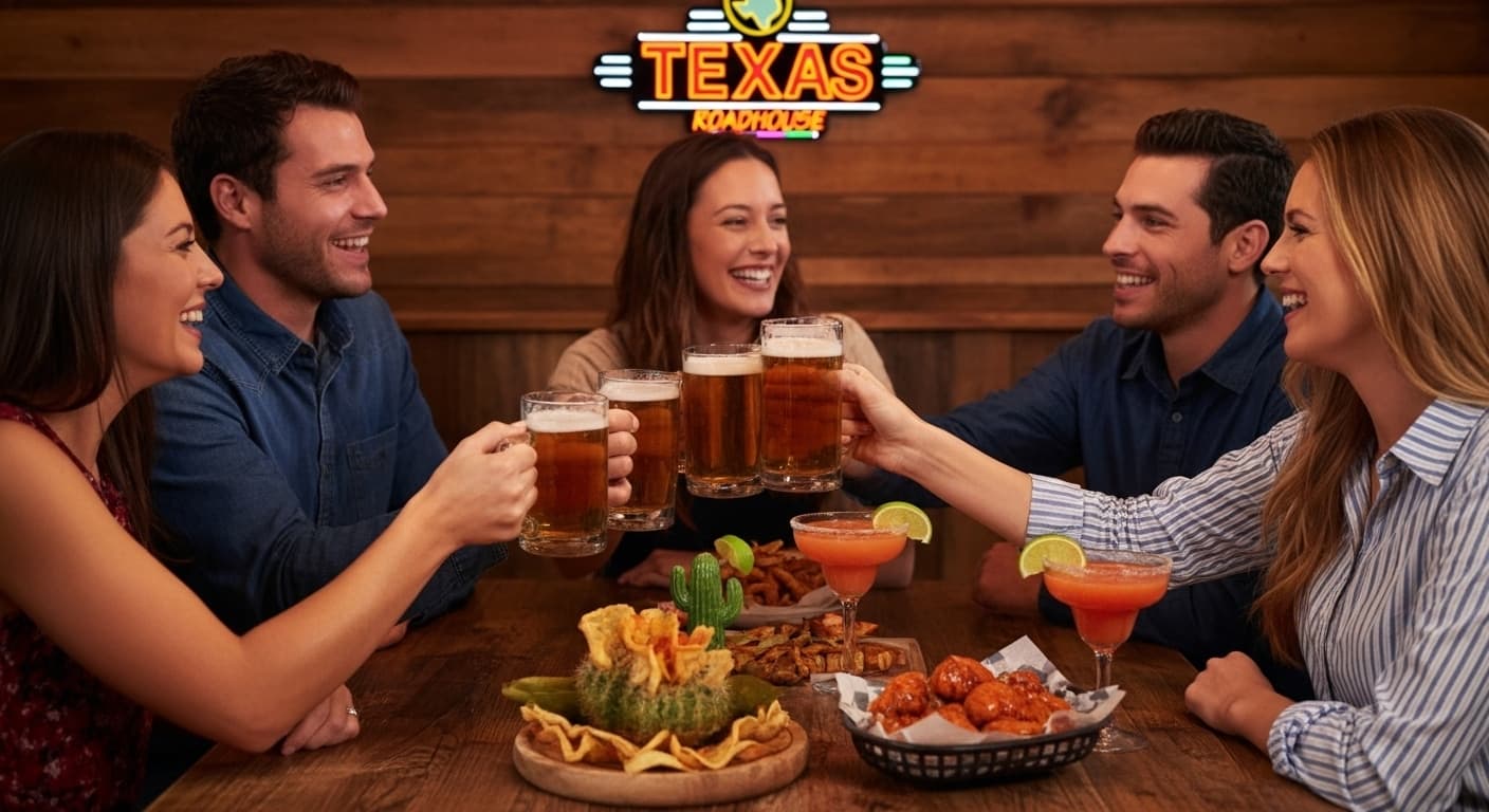 Texas Roadhouse Happy Hour - Friends enjoying drinks and appetizers in a warm steakhouse atmosphere