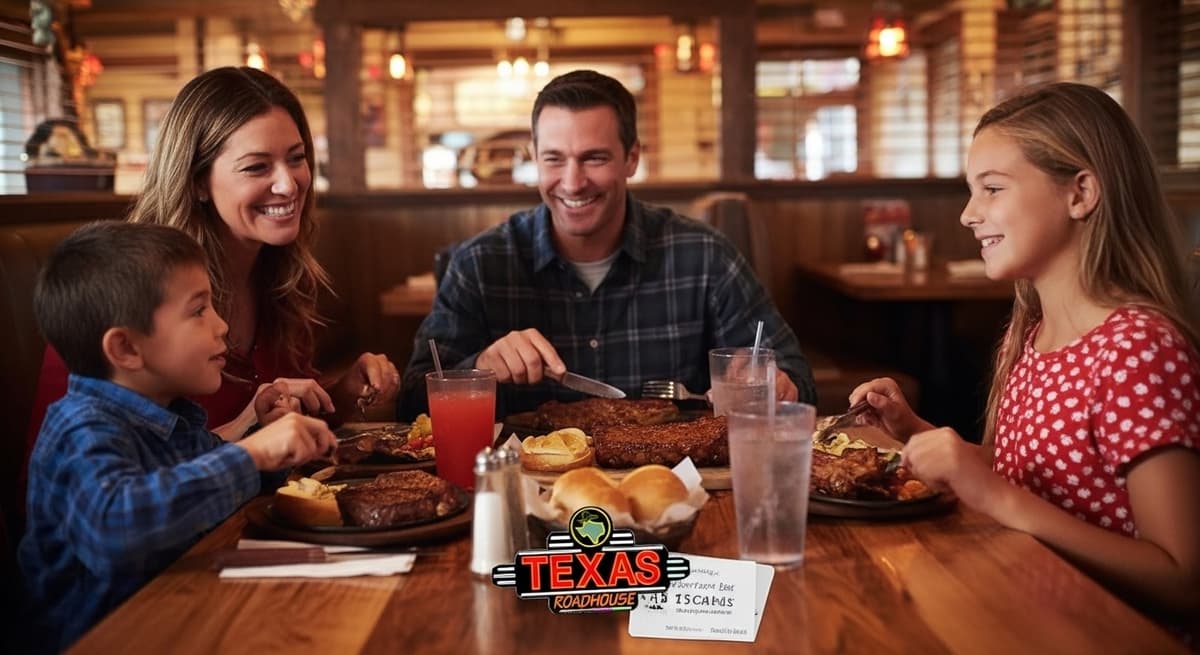 Family enjoying dinner at Texas Roadhouse with gift card, steaks, and bread rolls on the table