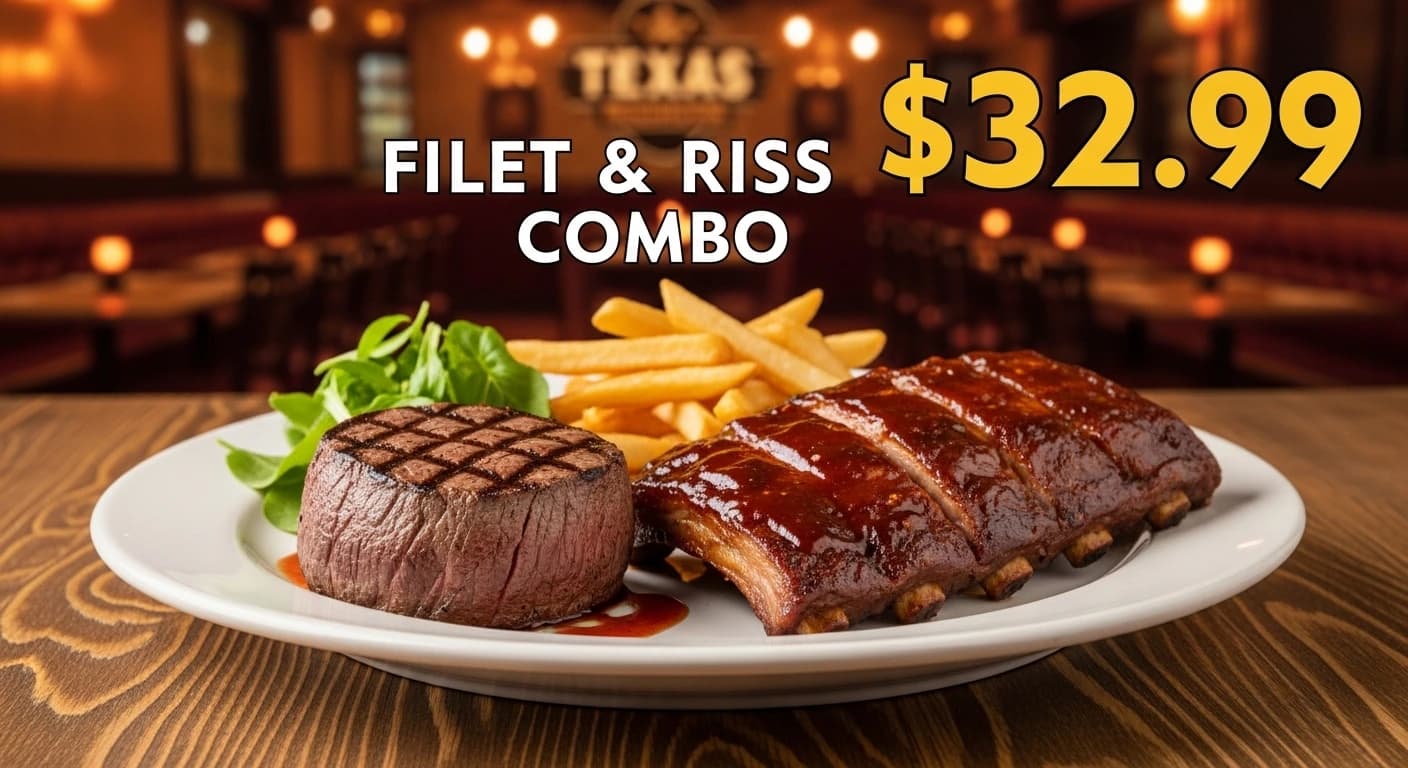 Texas Roadhouse Filet and Ribs combo 6oz Dallas Filet with half rack of ribs