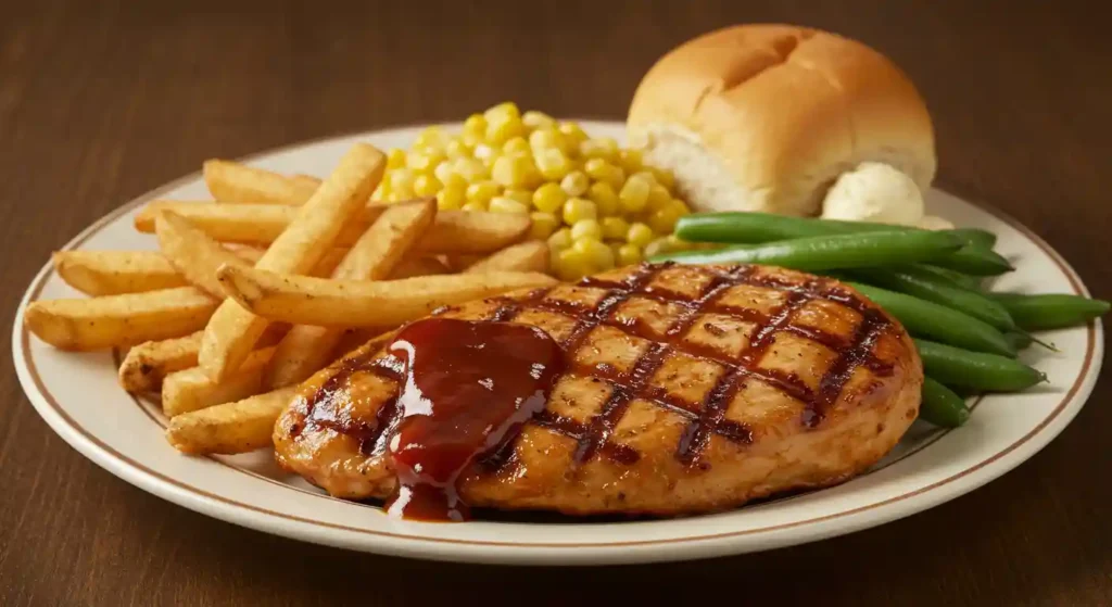 Texas Roadhouse Grilled Chicken Breast with mashed potatoes and green beans