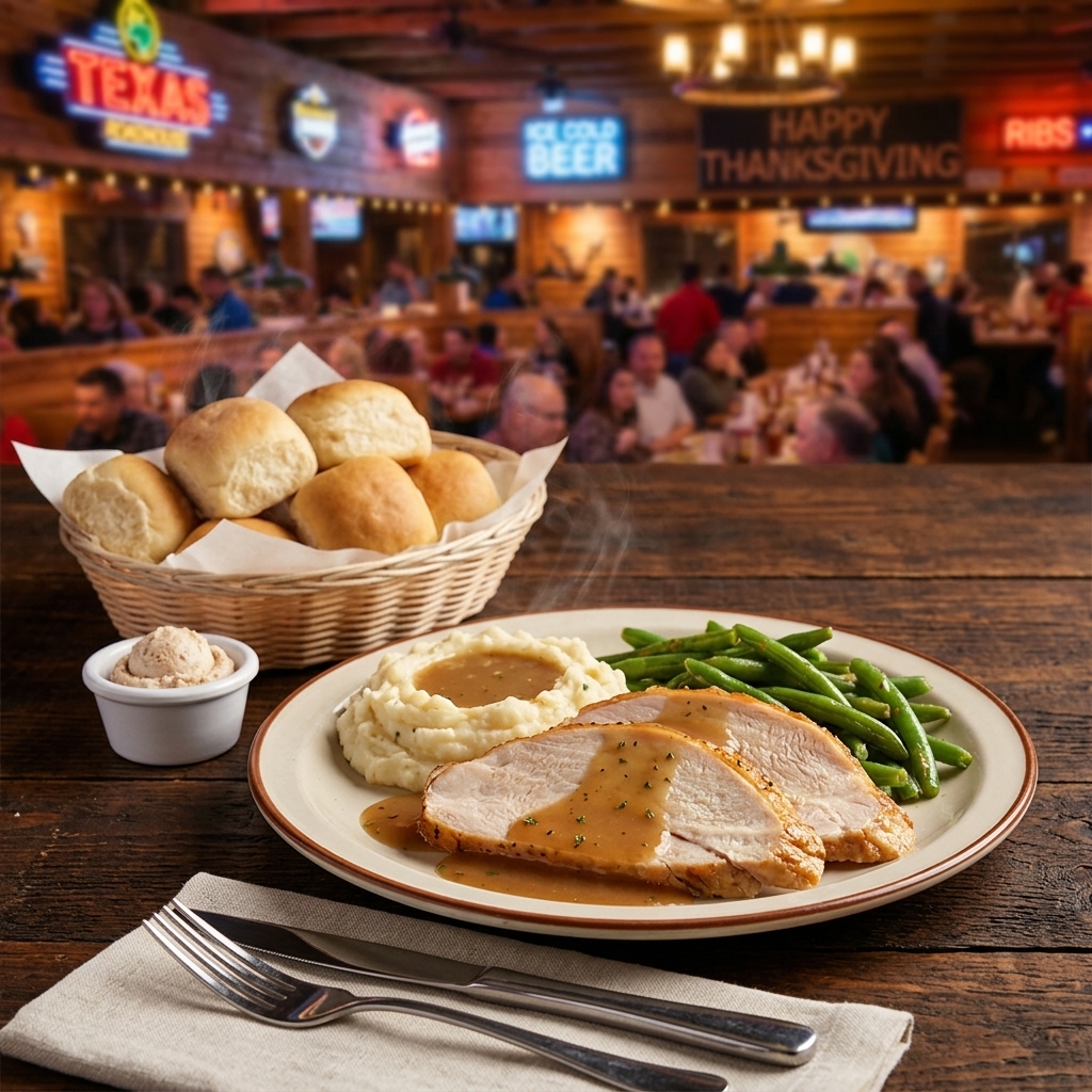 Texas Roadhouse Thanksgiving plate with mashed potatoes, green beans, and fresh-baked rolls